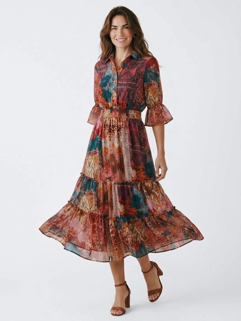 Chico's Multi-Color Floral Patchwork  Tapestry Cottagecore Dress Size M
